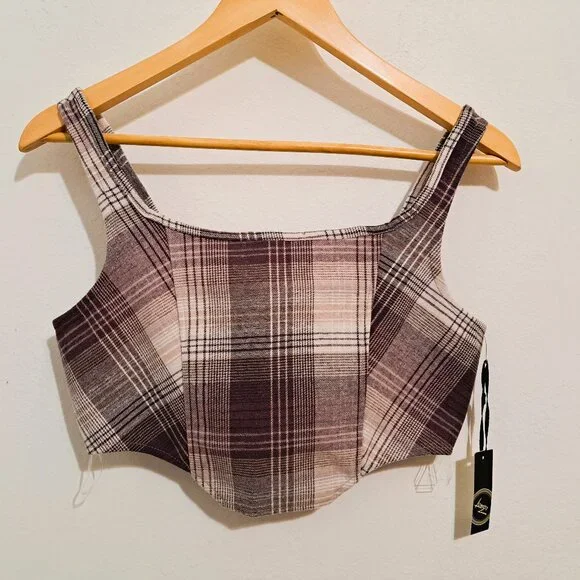 Liberty Love Juniors Corset Crop Top Plaid Purple Sleeveless Size M New with Tag - Picture 2 of 11